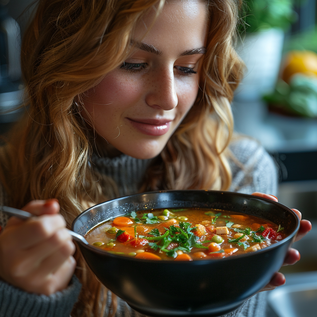 a woman smelling soup